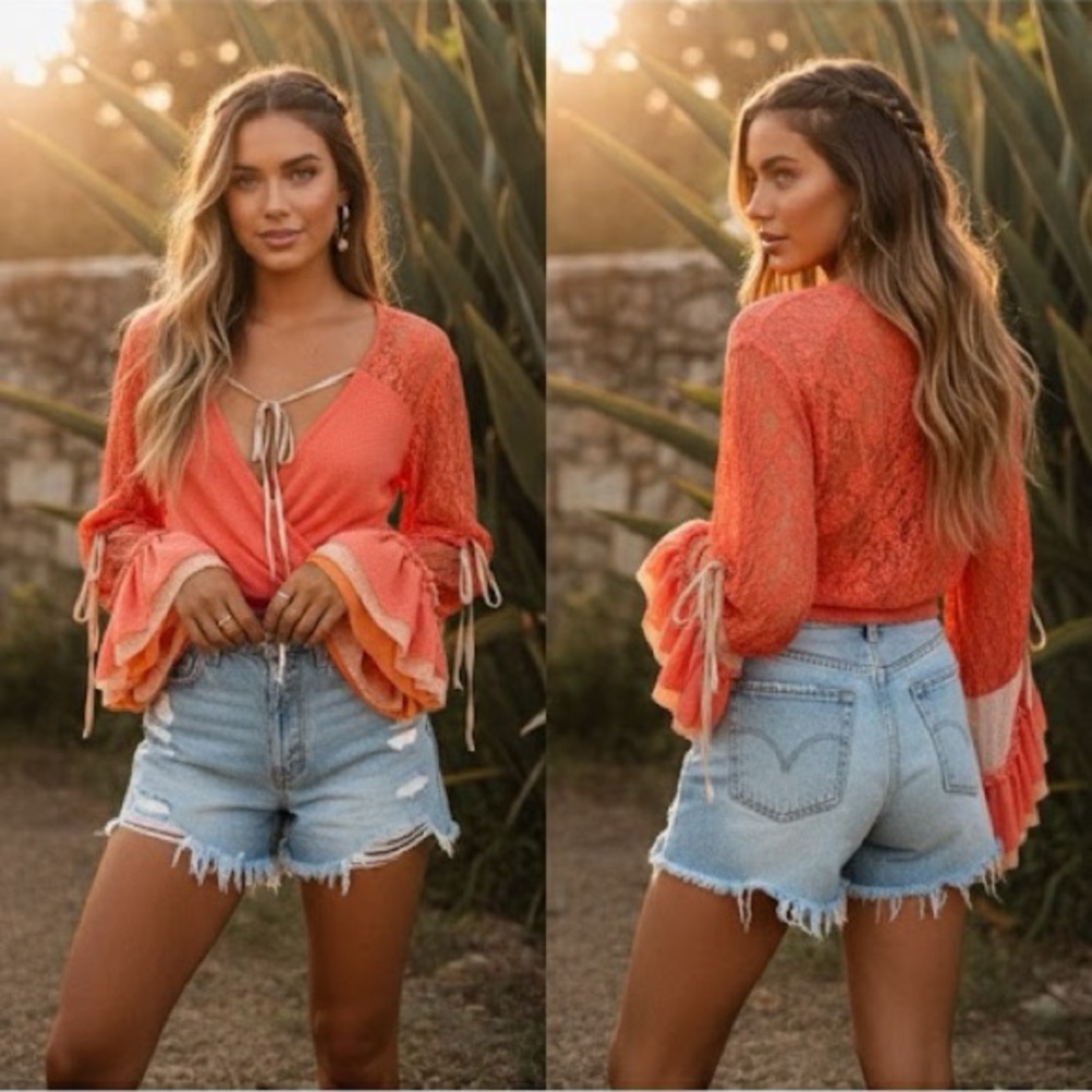 We Are Huh Coral Lace Boho Ruffle Sleeve Blouse Size S Festival Holiday